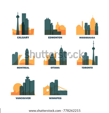 Canada cities icons set. Skyline landmarks landscape canadian silhouettes vector logo