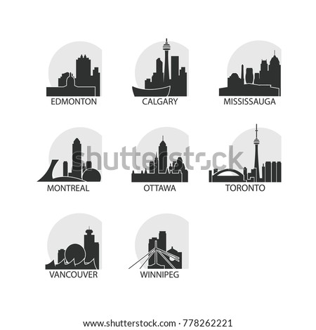Canada cities icons set. Skyline landmarks landscape canadian silhouettes vector logo