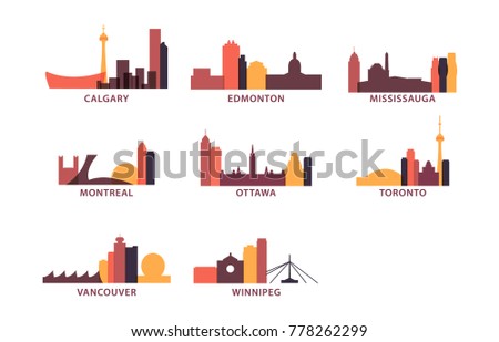 Canada cities icons set. Skyline landmarks landscape canadian silhouette vector logos