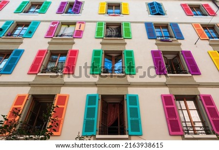 Similar – Image, Stock Photo Colorful facade of an old building with skylights and tile attic