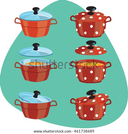 Sauce pan with lid and soup. Clean red sauce pan with polka dot pots pattern. Glass lid and yellow soup. Open and closed pot. Isolated. On aquamarine background.