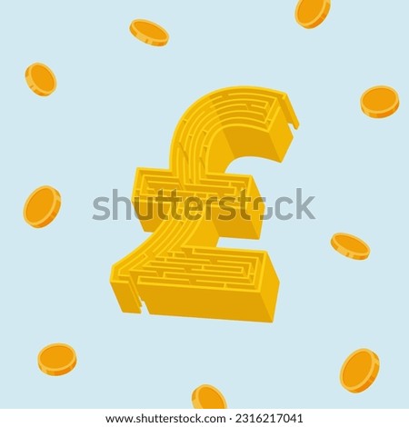 The golden maze of Pound Sterling sign 3 dimension with the golden coins.