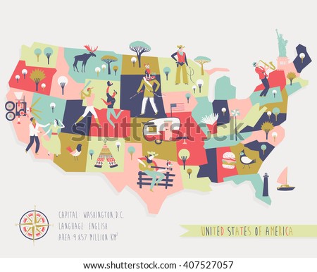 Cartoon Map of USA with Legend Icons