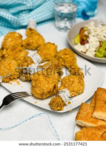 Similar – Foto Bild Frische Cornflakes, serviert mit Erdbeeren und Blaubeeren auf einem blauen Holztisch