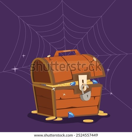 wooden treasure locked chest gold coins spider web purple background spooky halloween