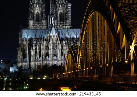 COLOGNE, GERMANY - Jan. 18, 2014: Part of the Cologne Cathedral (Koelner Dom) at night.