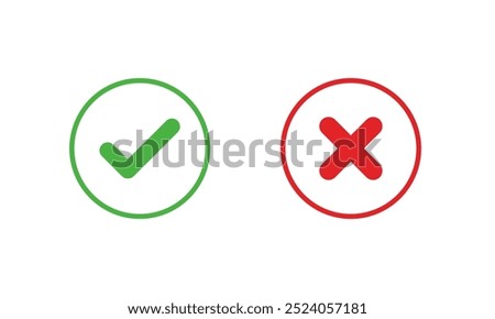 Green check mark,sign and red cross icon isolated on white background.Vector illustration	
