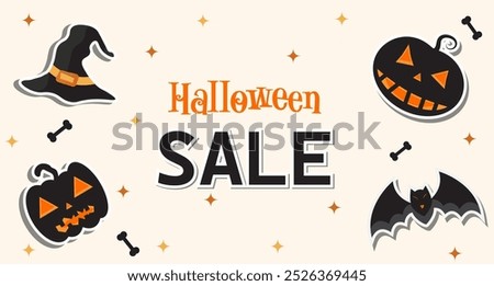 Halloween  sale banner,poster with bones,hat ,bat and pumpkins  isolated on light background.Happy Haloween vector design