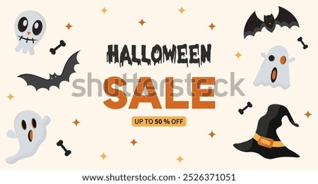 Halloween up to 50% sale banner,poster with bones,ghosts,bats,hat and scull isolated on light background.Happy Haloween vector design