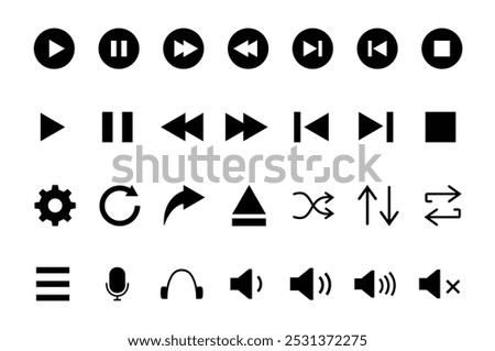 Media player icon set. Video and audio player buttons collection. Player interface. Vector illustration isolated on white and transperent background.	