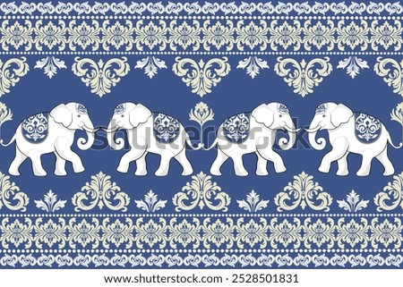 Damask Seamless Pattern Tribal Ethnic Elephant pattern,Thai elephant, paisley and hamsa. Ethnic elephant background Hand drawn illustration. Wallpaper, cloth design, fabric, tissue, carpet, rug.