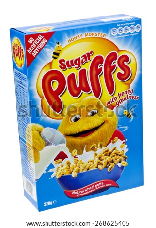 London, England - January 7, 2013: Box of Sugar Puffs Breakfast Cereal, are now known as Honey Monster Puffs, Sugar Puffs are a honey flavored breakfast cereal owned by a company called Big Bear.