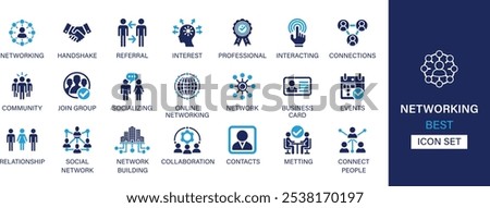 Networking best solid icon set collection. Referral, interest, professional, interacting, connections, community, join group, online networking, relationship, social network and vector illustration.