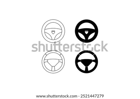 This vector icon features a minimalist car steering wheel design, showcasing clean lines and a simple, circular form. It is representing a modern, functional steering wheel. 