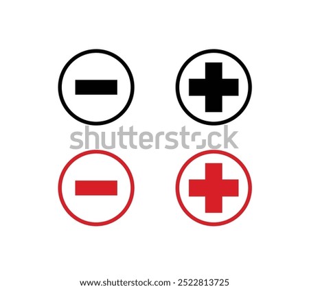 Plus and minus in circle. Positive and negative charge. Plus and minus round icon set.