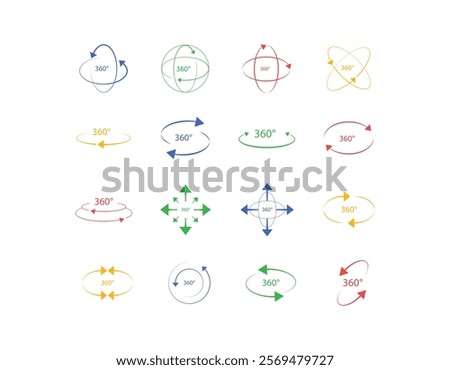 360 degree views of vector circle icons. Signs with arrows to indicate the rotation. 360 degrees arrow, rotate around set icon. Circle signs vertical, horizontal and diagonal rotate.