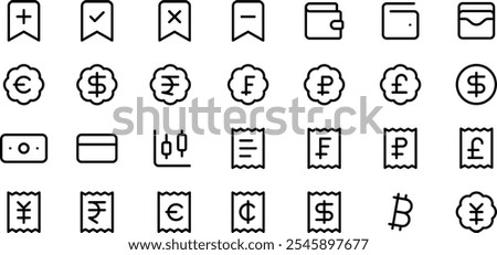 A set of minimal line icons featuring finance, currency, and payment symbols