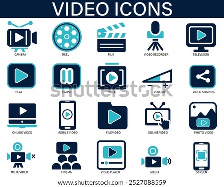 Video icon set. camera, play, pause, media and film reel icons. Solid icon collection