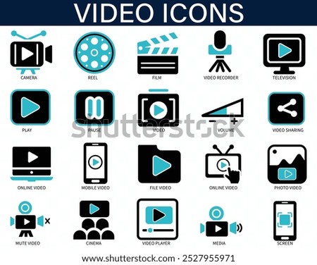 Video icon set. camera, play, pause, media and film reel icons. Solid icon collection