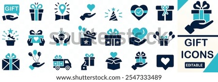 Gift icon set. Containing offer, surprise, gift idea, birthday, bonus, award, Christmas, Solid flat vector icon collection. 