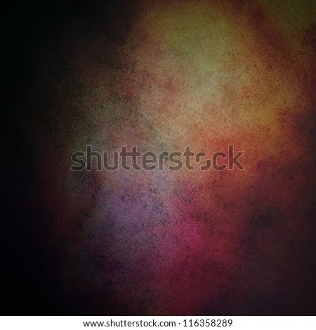 abstract black background with multicolor spotlight of pink gold green red blue and dark purple, background design layout has black border and vintage grunge background texture surface, elegant luxury