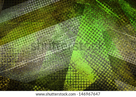 abstract green background, grid mesh graphic art image of round hole shape cut outs, layered collage, vintage grunge background texture design, web technology background industrial corporate style