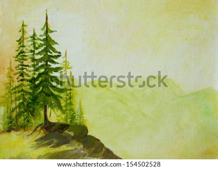 hand painted on canvas landscape image of pine trees on cliff with mountains in back, Christmas fir tree design for Christmas card cover with space for text or title