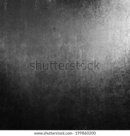 grungy black background with grunge texture border, white corner spotlight or sunshine pattern on wall. vintage charcoal gray and black frame design, old distressed shabby background layout