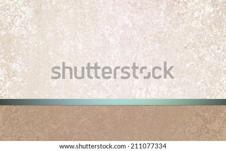 elegant off white background layout design with vintage parchment texture, teal blue green shiny ribbon and blank brown footer