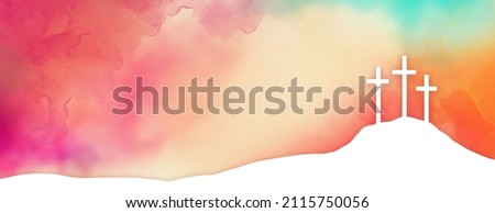 Easter background design of three white crosses on watercolor sunrise background in red orange and blue, Religious Christian holiday design