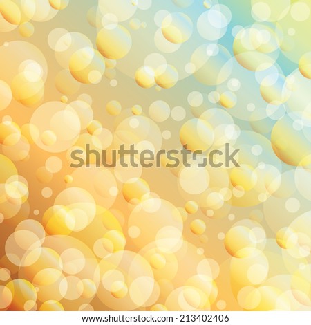 Beautiful gold bokeh background with blue angled gradient border, shimmering balls, layers of transparent yellow and white round circle lights and floating bubbles