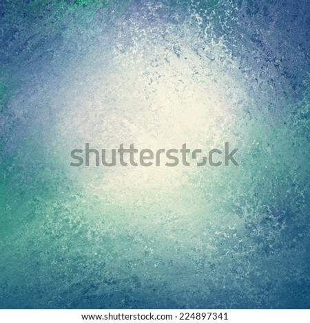 abstract blue green background paper, distressed rough vintage texture, bright white center light effect and darker navy blue color grunge border