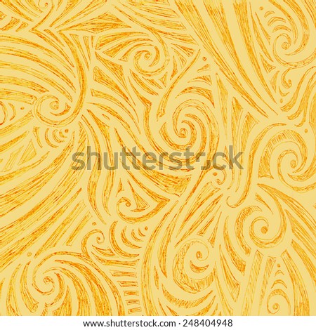 hand drawn doodle ink sketch with random curls swirls and line design pattern, cute abstract fun art in yellow and orange
