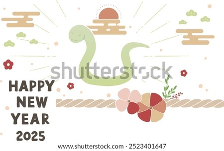 2025 New Year's card template. Snake and Japanese New Year icon. 