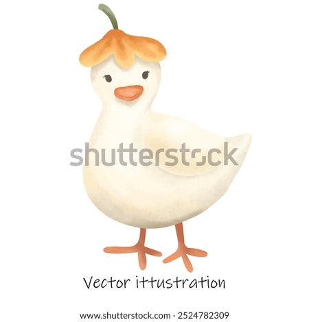 watercolor Duck with a wooden flower on head.	 