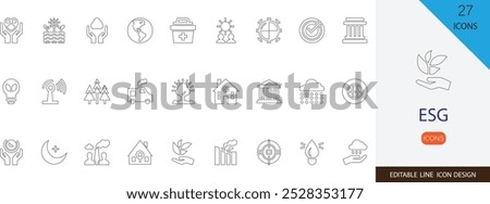 ESG thin line icon set. containing environment, governance, social, green, energy, conservation and more   stroke icons