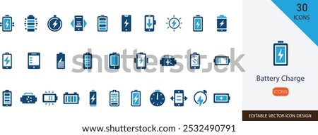 Battery Charge icon vector design set. with battery level, supply, power, energy,   Capacity, Lithium and more illustration