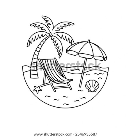 A line art illustration of a round shape beach with a few elements. There's a palm tree, a beach chair, an umbrella, and a seashell.