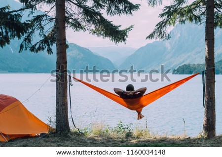 Similar – Image, Stock Photo Relaxing on the hammock. Baby wagtail (Motacilla alba) young bird in the garden, in the sunlight