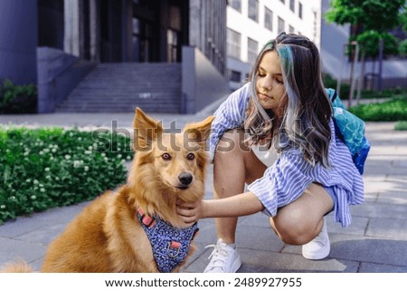 Similar – Image, Stock Photo A cute girl plays on her phone while her sister does her homework. Communication, social distance during quarantine. Distance learning, online education