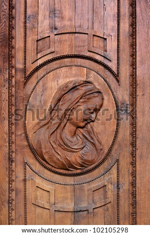 Portrait Mary on entrance door of St. Blasien Dome, (build in 1783). Germany