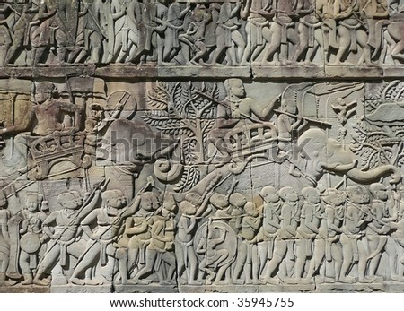 Ancient War on Relief in Angkor Wat Temple Wall, Cambodia