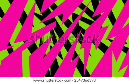 A bold abstract design featuring sharp, jagged shapes in vibrant pink, green, and black, creating a dynamic and high-contrast geometric pattern.