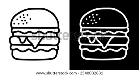 A simple, graphic line art illustration of a double-decker burger with cheese, toppings, and sesame seeds on the bun.