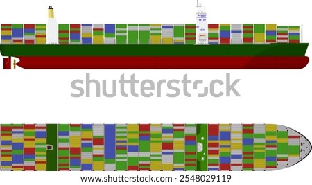 Container Ship. Side and top profile of a large container ship with accommodation block and separate funnel. Similar in style to the Ever Given and MV Dali. Isolated vector illustration.