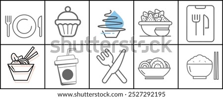 A set of food images with a fork and knife in the middle. The fork and knife are in the middle of the image, with a cup and a bowl on either side. The cup is on the left