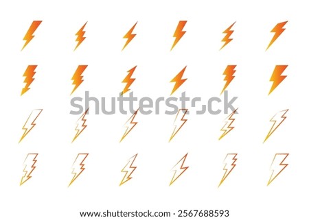 Gold Lightning bolt icons isolated on a white background. Lightning bolt icons. Vector illustration, Power energy icon sign in filled, thin, line, outline and stroke style