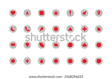 Abstract Shapes With Lines Icon Pack, set of icons for web,  Red Heart, North Arrow, Square, Star, exclamation mark, Down Arrow, Location Pin, Moon, Phone, Up Arrow, Hexagon, Triangle, Plus, Leaf.