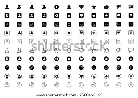 Profile, Signup, Login, Logout, Settings, Message, Favorite, Heart, Like, Dislike Essential Icons and Trending Styles for Mobile Apps, Websites, and Software. Minimalistic, Flat Design, Line Icons.