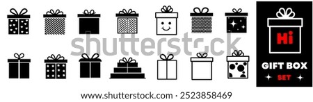 Gift boxes with ribbon icons Set. Gift box icons in Trendy Flat style. Surprising gift boxes, Gift wrapping simple black symbols signs editable stock